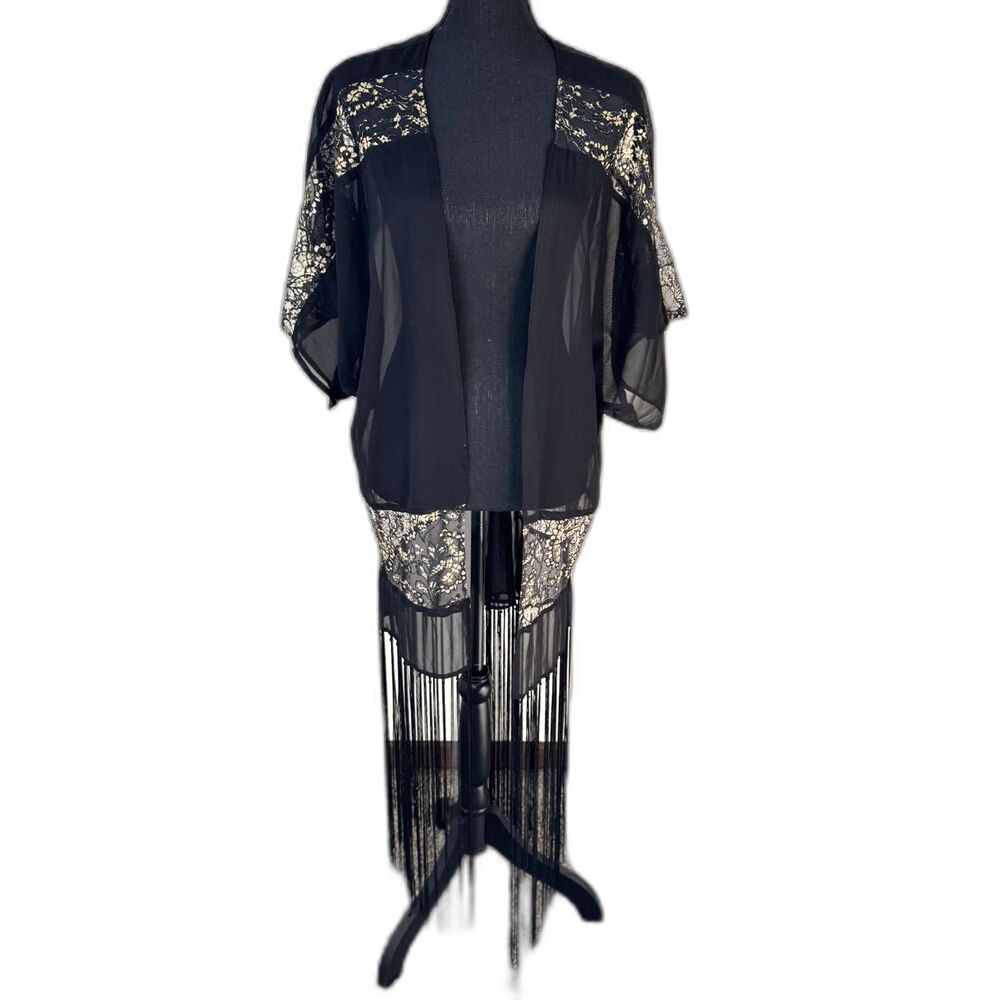 OS Y2K Vintage Betsey Johnson gold lace fringe hem sheer kimono cardigan